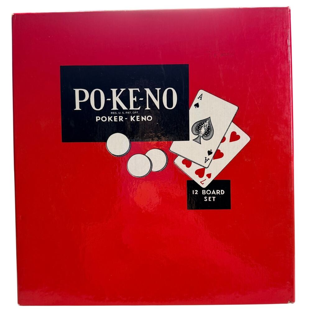 Vintage PO-KE-NO Poker Keno Game 12 Board Set US Playing Card Co Red Chips Retro